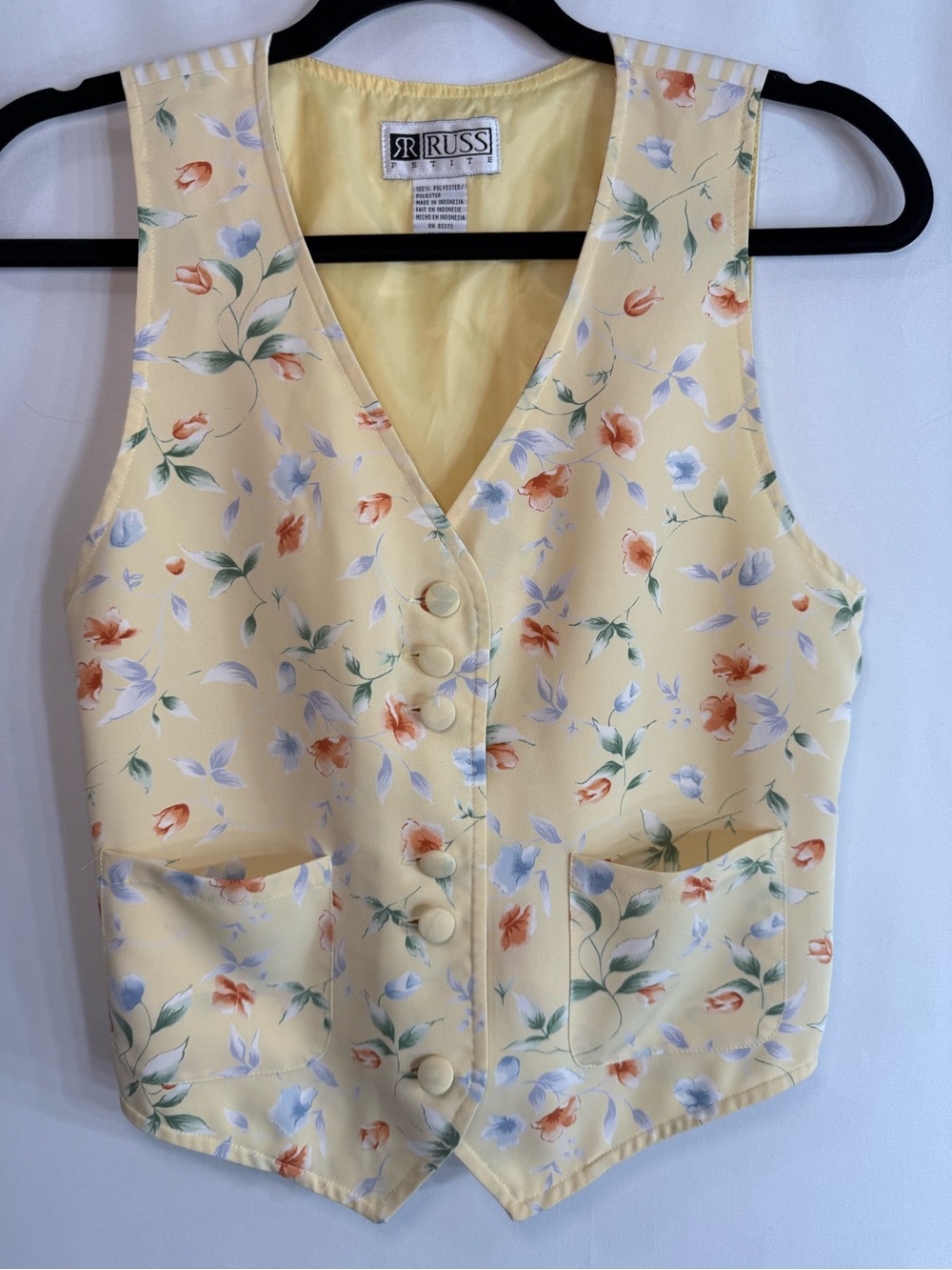 Vintage Russ Petite Yellow Floral Stripe Button Front Vest Cottagecore